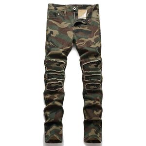 Kamouflage jeans lapp byxor män smal passform hög kvalitet design rak cyklist stor storlek motocykel mäns hip hop byxor för manlig 28-42 svartblå
