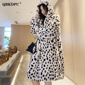 Herbst Winter Dicker warmes Leoparden mit mittlerer Länge Faux Kaninchenfellmantel Frauen elegante Kapuze-Plüschjacke übergroß