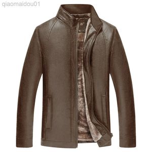 Men Faux Leather Thick Warm Jacket Men Casual Loose Long Sleeves Stand Collar Pu Leather Black Faux Fur Brown Boy Jacket Oversized L220726