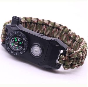 Wholesale Outdoor Survival 550 kg Tactical Paracord Armband för utomhuscamping 7 Core Parachute Rope Armband med Compass Whistle SOS LED -lamplig lampor