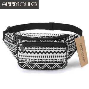 Annmouler Fashion Women Women Packs 6 Cores Fabric Fanny Pack com zíper duplo Bolsa de peito Bohemian Style Tribal Phone Belt 220531