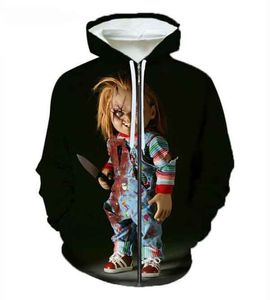 2022 Halloween Chucky 3D Hoodie Sweatshirts Uniform Men Women Hoodies College Cloths Tops Ytterkläder blixtlåsskåp H016
