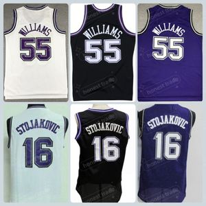 Vintage Peja 16 Stojakovic baskettröjor 55 Williams uniformer för sportfans Nytt material TEAM Away Purple Black White Stitched Men's T-shirt Uniform