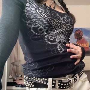 Zenaide Mall Goth Print Women Black Autumn Fashion Graphic T Shirt Vintage Fairy Grunge Aesthetic Long Sleeve Crop Top Y2K 220408