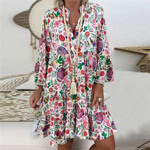 Летняя мода плюс размером 5xl платья Boho Beach Женщины цветочный принт с длинным рукавом мини -платье винтажное праздничное платье T200604