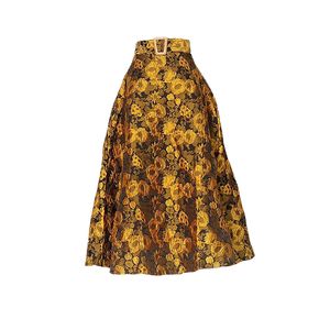 BunniesFairy höst kvinnor boutique kläder lång vintage gul retro blomma blommig tryck bälte jacquard maxi kjol flared saia
