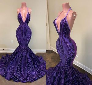 2022 lila sparkly pailletten spitze long prom kleider sexy backless halfter afrikanische mädchen mermaid pailletten frauen formale abend party kleid plus größe