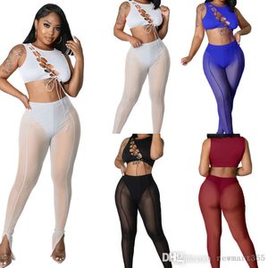 2022 NOVAS MULHERES MULHERES DOIS PEÇAS Roupa de trajes de trilhas sem mangas Sexy Hollow Out Bandage Mesh Perspective Tight Body Suit