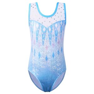 Children Girls Dancewear 5-14 Years Sleeveless One-Piece Tank Kids Teens Pattern Shiny Cute Blue