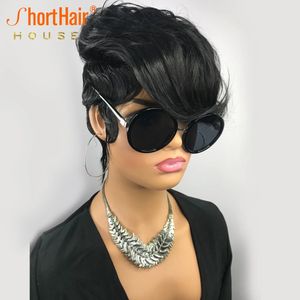 Curto Pixie Cut Peruca de cabelo humano Natural Ondulado Perucas sem cola com franja Cabelo Remy brasileiro para mulheres negras Feito à máquina