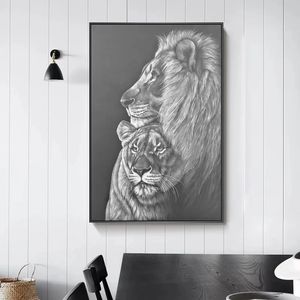 Lions pretos e brancos esboço de arte pinturas de lona Posters e impressões de leões africanos animais de parede de parede de parede de artes de arte decoração de casa decoração