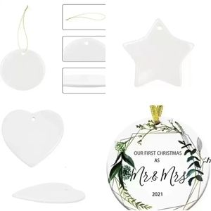 DHL Delivery 3-inch Sublimation Blank White Christmas Engaged Customized Ornament Round Heart Circle Star Shape Ceramic Xmas Tree Decor Hangtag
