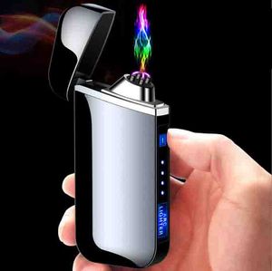 Newest Double Arc Plamsa Usb Lighter Rechargeable Flameless Electric Windproof Cigar Cigarette Lighters With LED Light Power Display 5 colors