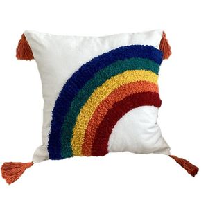 Throw Pillow Cover Boho Rainbow Decorative Pillow Case 18X18 Inch Playroom Nursery Couch Sofa Bedroom Kids Room Decoration Pillowcase