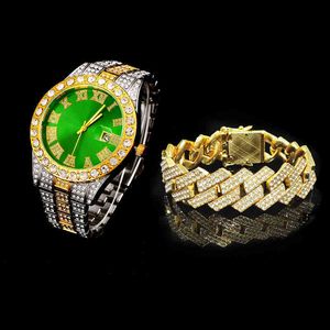 Для Bling Miami Cuban Chain Bracelet Miced Men Hip Hop Luxury Gold Watch Женщины Reloj2ze4