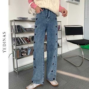 Yedinas Summer Vintage Jeans Woman Long Trousers Cowboy Female Loose Streetwear Love Print Pants Straight Denim 210527