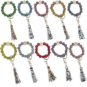 Wood Bead Bracelets Leopard Print Keychain Handmade Jewelry Leather Tassel Wristband Pendant Fashion Wristlet Bangles Holder Wrist Ring