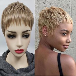 Syntetiska peruker för afrikanska kvinnor mode kort hår blond peruk söt pojke klippt pixie frisyr värme resistent med lugg kend22