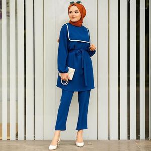 Abbigliamento etnico Arabo Moda femminile Colletto blu scuro Stile ragazza Abito musulmano Medio Oriente Imposta islamico