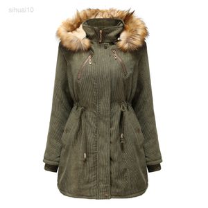 Nero verde con cappelli in pelliccia fitta Calda Casualizza Women inverno Zip -Up per 2022 Bomber Cargo Giacca imbottita Parka oversize Parka L220725