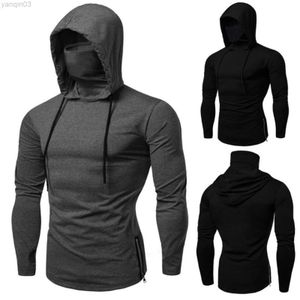 Män tröjor Autumn Casual Gym Thin LongeChes Hoodie Face Cover Solid Color Sweatshirt Men kläder L220801