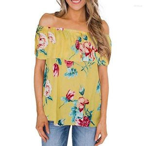 Blusas femininas camisas de moda feminino verão barra de pescoço sem mangas impressão floral babados casual blusa sexy fora dos ombros tops para