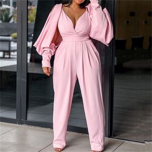 White Pink Elegant Wide Leg Women Jumpsuit Rompers Sexy V Neck Backless High Waist Long Sleeve Office Ladies Party Long Jumpsuit T200701