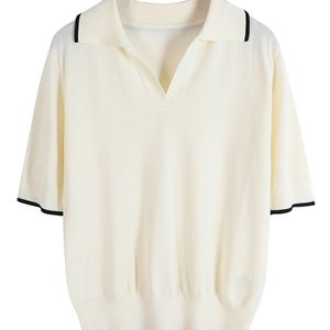 Kvinnor V-ringning Turn-Down Collar T-shirt Kontrast Color Top Office Lady Summer Basic Elegant Tshirt Tees B-126 220511