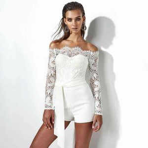 2020 New Elegant Lace Overalls For Women Jumpsuit Lace Sexy Slash Neck Romper Women Long Sleeve Bodysuit Wholesale T220704