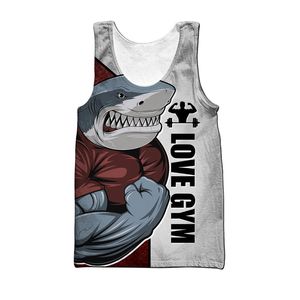 Cloocl Shark Love Fitness Tank Tops 3D karikatür hayvan mektubu baskılı kolsuz yelek kişiliği diy spor salonu erkek giyim 220614