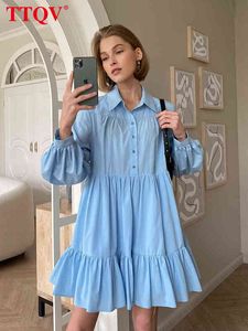 TTQVファッションブルーオフィスミニドレスレディース秋の長袖ドレス女性用エレガントなゆるいボタンプリーツドレスT220804