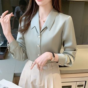 Koreanska kvinnor silke skjortor satin blouses långärmad toppar kvinna vit plus storlek beading 220402