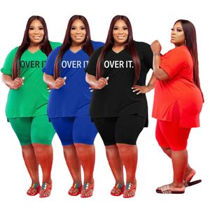 Plus Size Damen Kurze Outfits 2-teiliges Shorts-Set Trainingsanzüge Damen V-Ausschnitt Große Größe 5x Buchstaben bedruckter Freizeitanzug