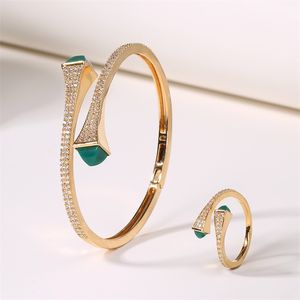 Romatic Women Fashion 2 Pcs Bracelet & Ring Set Candy color stone Simple Design Gold Open Cuff Bangle Ring Jewelry Set 220511
