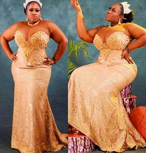 2022 Plus Size Arabic Aso Ebi Gold Mermaid Sparkly Prom Dresses Beaded Crystals Evening Formal Party Second Reception Birthday Engagement Gowns Dress ZJ478