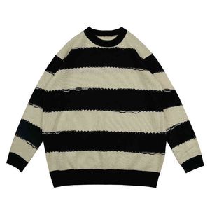 Retro Color Block Striped Crew Neck Pullover Mens Sweaters Harajuku Japanese Spliced High Street Oversize Casual Sweater Couple T220730