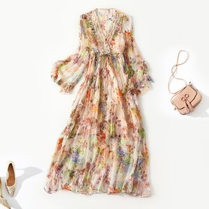 Casual jurken Franse hoogwaardige zijden jurk lente en zomervakantie stijl gebroken bloem v neck mulberry sprookjes rok uur