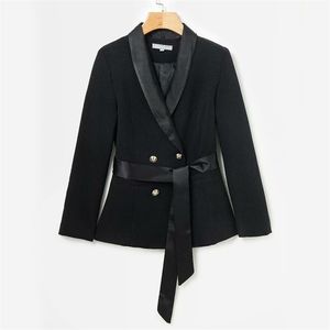 Yinlinhe Black Double Breasted Long Sleeve Belt Slim 2019 Spring Autumn Jacket Women Office Ladies Coat Pink 717 C19042301