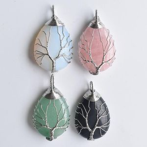 Pendant Necklaces Wholesale 4pcs/lot Good Quality White Color Wire Wrap Handmade Tree Of Life Drop Shape Mixed Natural Stone Pendants FreePe