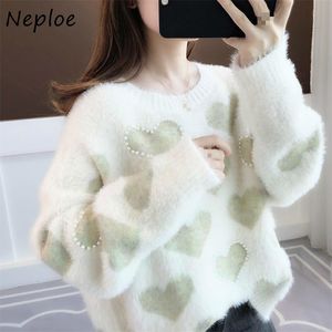 Neploe Fashion Chic Long Sleeve Round Neck Pullover Women Autumn Loose Knit Top Women Casual Loose Love Heart Sweater 201204