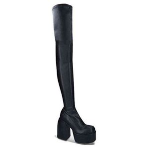 로마 펑크 가을 겨울의 탄성 마이크로 화이버 신발 여성 무릎 높이 발 뒤꿈치 검은 두꺼운 플랫폼 긴 221223