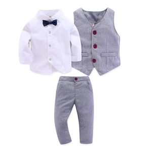 Roupas de garoto Gentleman Gentleman Grey Vest + calça de camisa rosa branca de mangas compridas ternos de quatro peças infantis roupas 220507