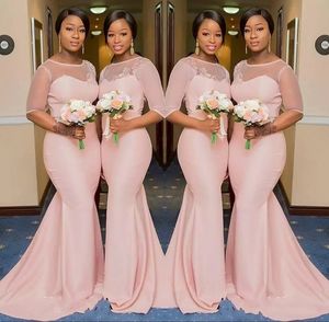 2022 Blush Pink Sheer Jewel Neck Bridesmaid Dresses Sleeve Mermaid Floor Length Black Girls Maid of Honor Gown Wedding Guest Dress B0417Q