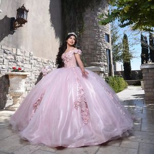 Abiti Quinceanera rosa dolce per il Messico 16 Ragazza Fiori 3D Perline Abito da ballo principessa Abito da ballo di compleanno Vestido De 15 Anos Quinceanera 2022