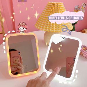 Compact Mirrors Japanese Cute Desktop Makeup Mirror With Lamp Led Large Net Red Dressing Folding Portable MirrorCompact