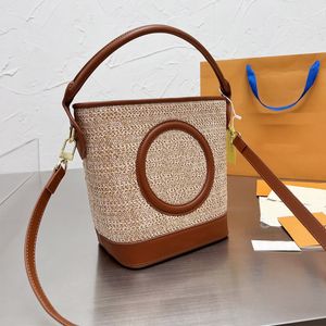 Summer Beach Bag Bucket Bags Woven Female Totes Straw Cross Body Bags Casual Rattan Women Handbags Large Capacity Genuine Leather Shoulder Strap Handle