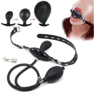 Liquid Silicone Inflable Penis Gag Plugue de boca aberta enorme bomba de vibrador Sm Bondage PU Band Slave Oral Sexy Mulheres de pelúcia Toys