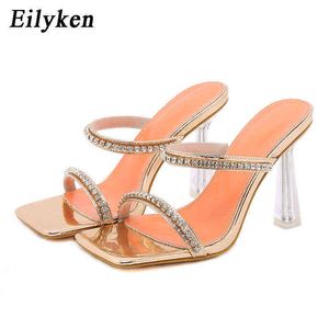 Eilyken Kristal Kadın Terlik Strappy Mule Topuklular Slaytlar Kare Kare Yüksek Flip Flops Parti Ayakkabıları