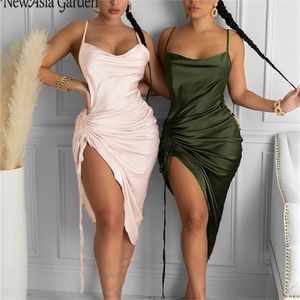 Asia Ruched Satin Summer Dress Drawstring Spaghetti Straps Cowl Neck Backless Long Dresses for Women Party Sexy Vestidos 220406