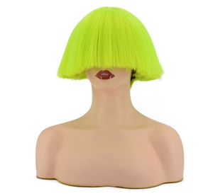 Fluorescencyjne zielone krótkie peruki bob w kolorze prosta z płaski grzywki dla kobiet makijażu na Halloween imprezę